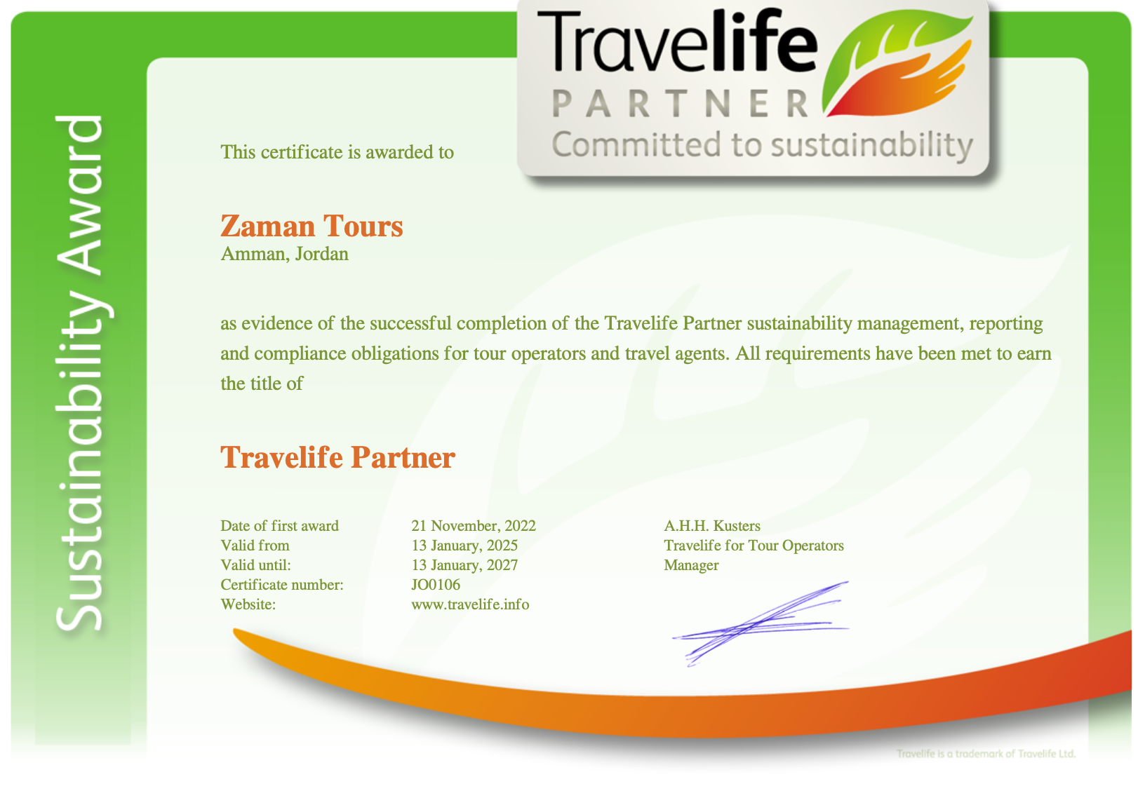 Zaman Tours  - Travelife Partner Award